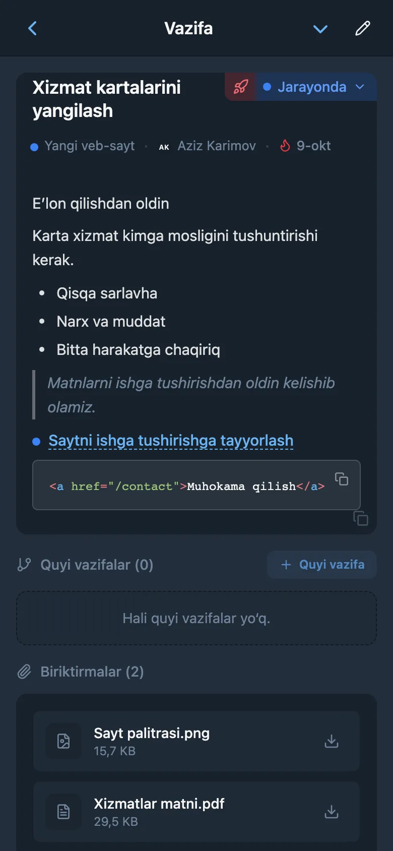 Belgilangan ro‘yxat, havola, kod bloki va iqtibosli vazifa tavsifi