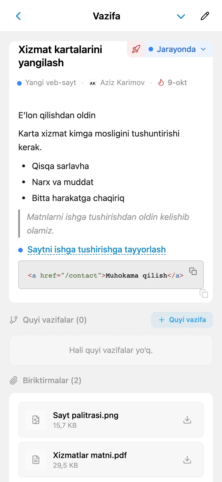 Belgilangan ro‘yxat, havola, kod bloki va iqtibosli vazifa tavsifi