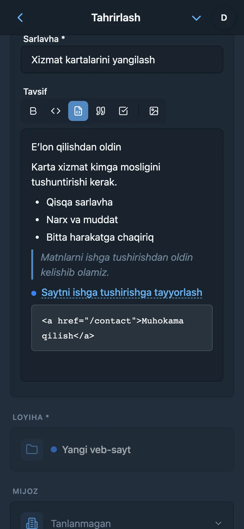 Formatlash va kod bloki mavjud vazifa tavsifi muharriri