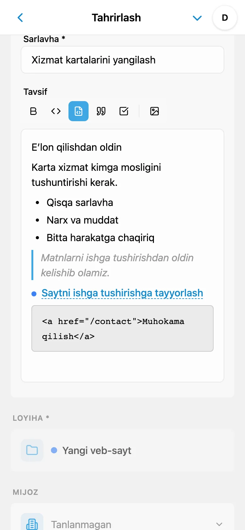 Formatlash va kod bloki mavjud vazifa tavsifi muharriri
