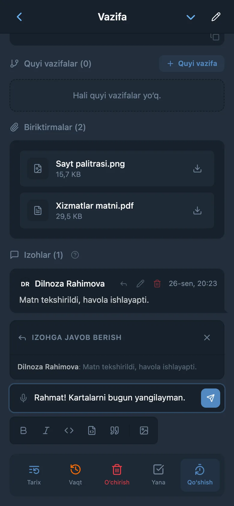 Jamoa a’zosining izohidan iqtibos keltirilgan javob