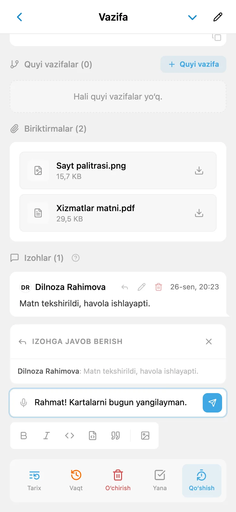 Jamoa a’zosining izohidan iqtibos keltirilgan javob