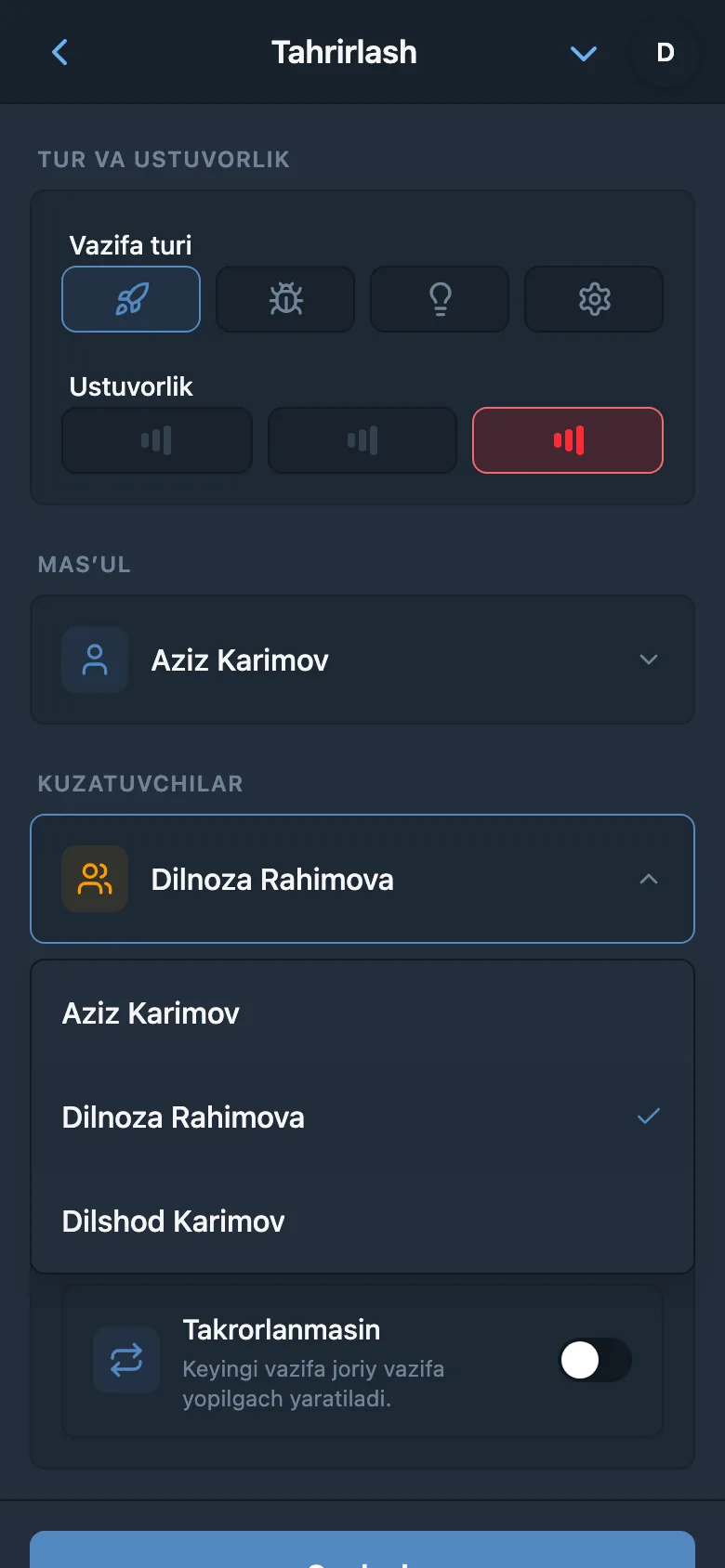 Vazifa kuzatuvchilarini tanlash