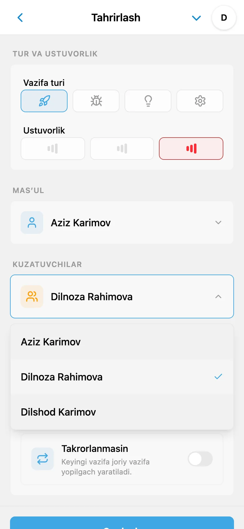 Vazifa kuzatuvchilarini tanlash