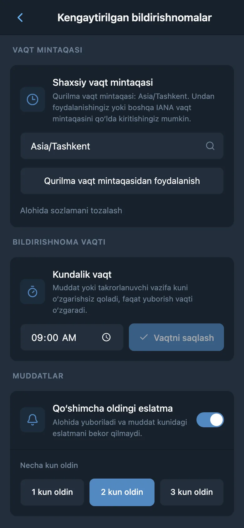 Vaqt mintaqasi, bildirishnoma vaqti va muddatdan oldingi eslatma sozlamalari