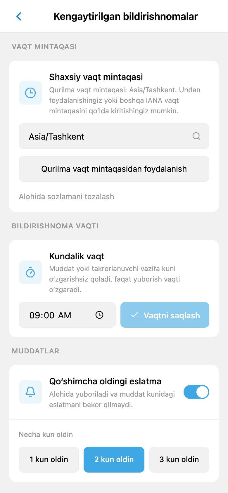 Vaqt mintaqasi, bildirishnoma vaqti va muddatdan oldingi eslatma sozlamalari
