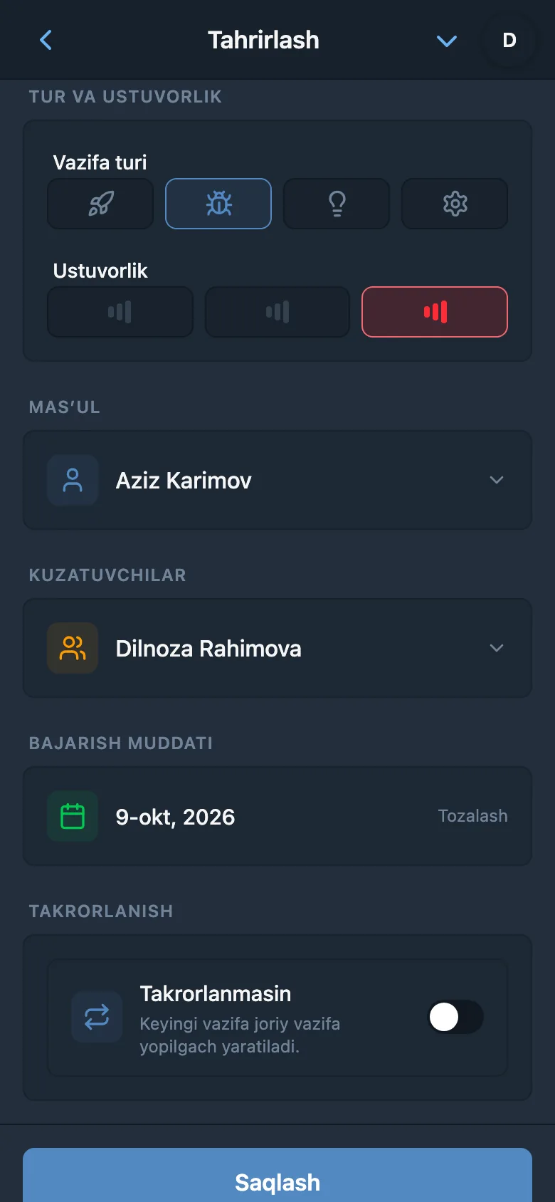 Vazifa maydonlari: turi «Xato», yuqori ustuvorlik, mas’ul, kuzatuvchi va bajarish muddati