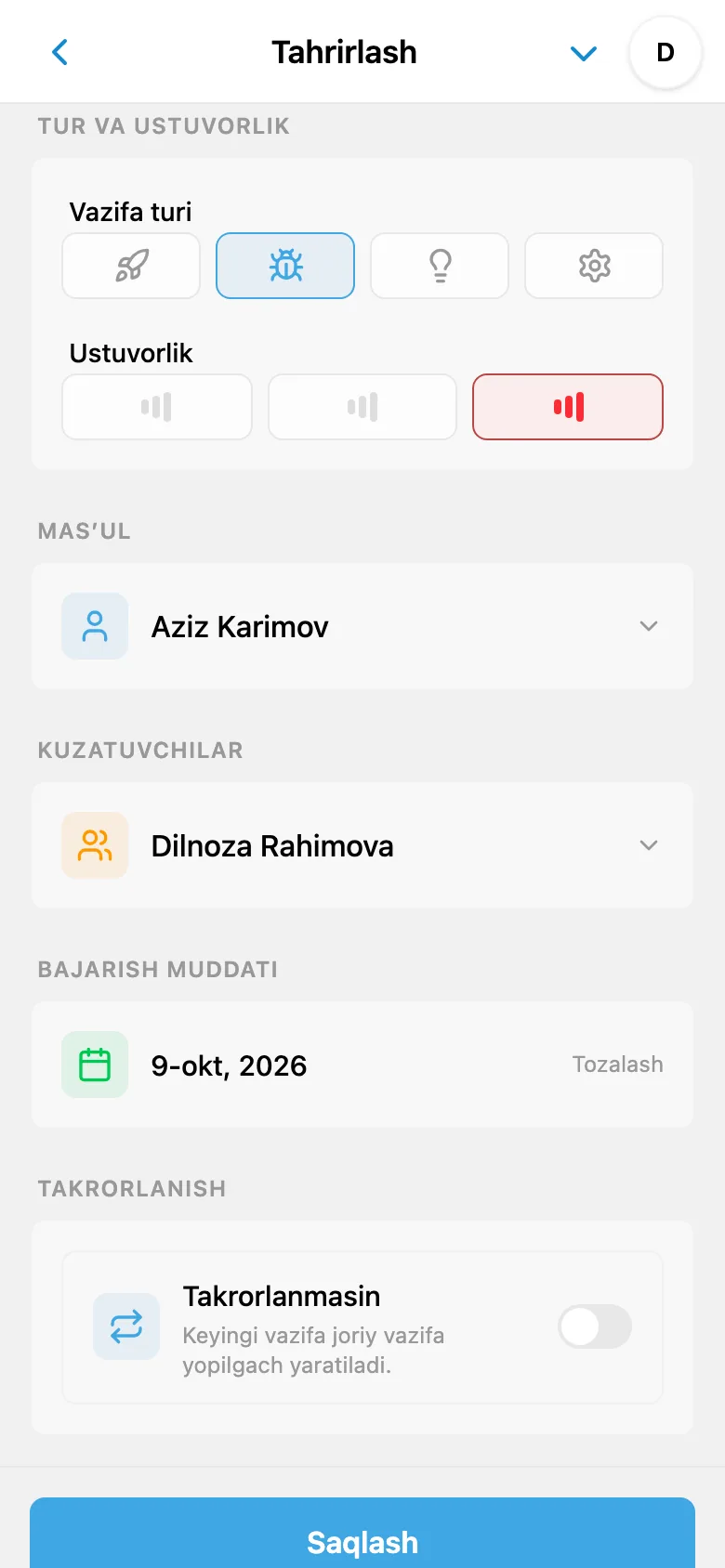 Vazifa maydonlari: turi «Xato», yuqori ustuvorlik, mas’ul, kuzatuvchi va bajarish muddati