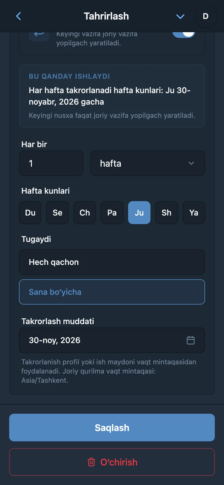 Vazifani har juma takrorlash qoidasi va takrorlanish tugash sanasi