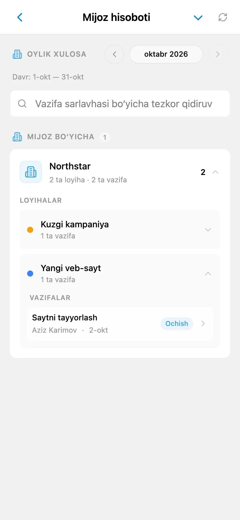 Tanlangan mijoz uchun yakunlangan vazifalar hisoboti