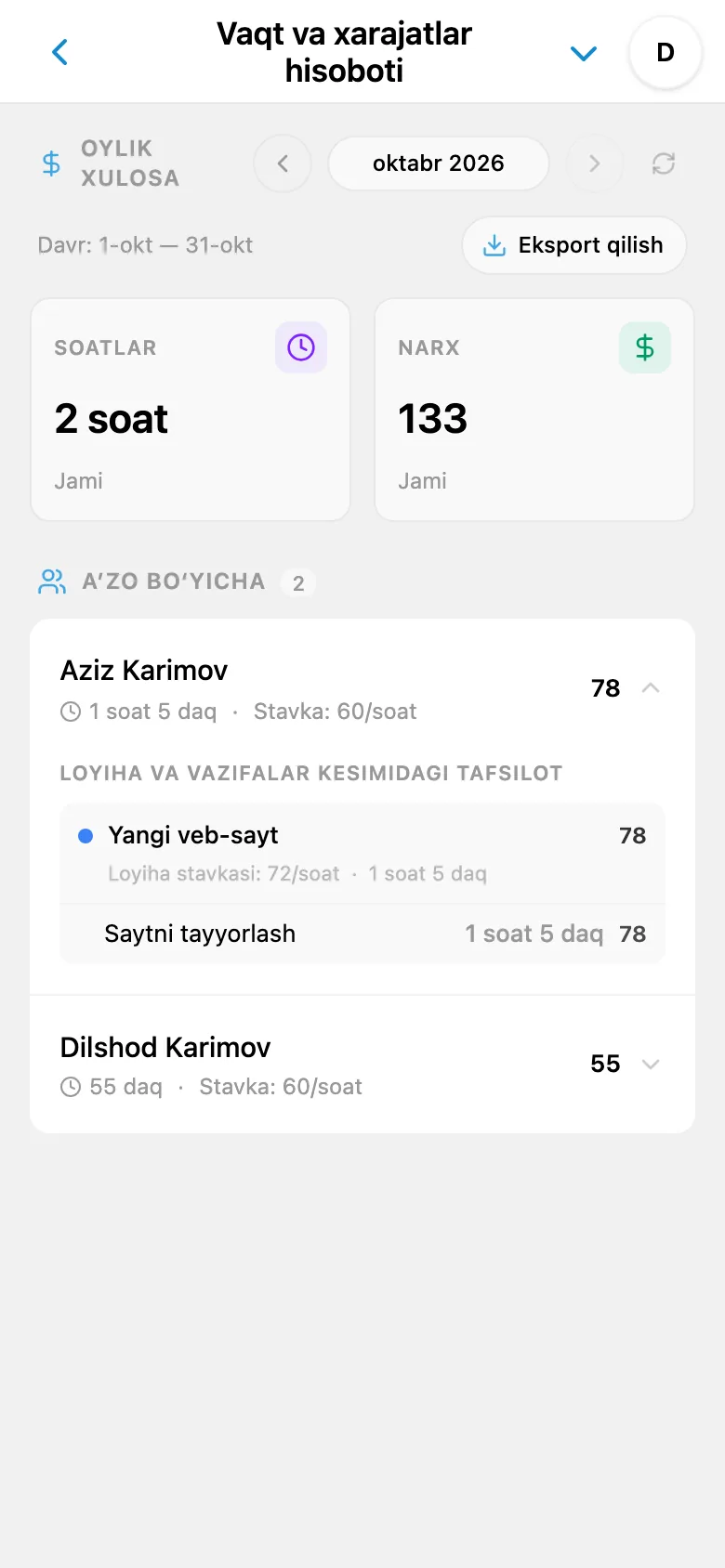Hisobotning ishtirokchilar, loyihalar va vazifalar bo‘yicha tafsilotlari