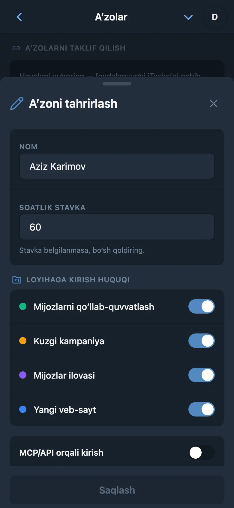 Jamoa a’zosining soatbay stavkasi