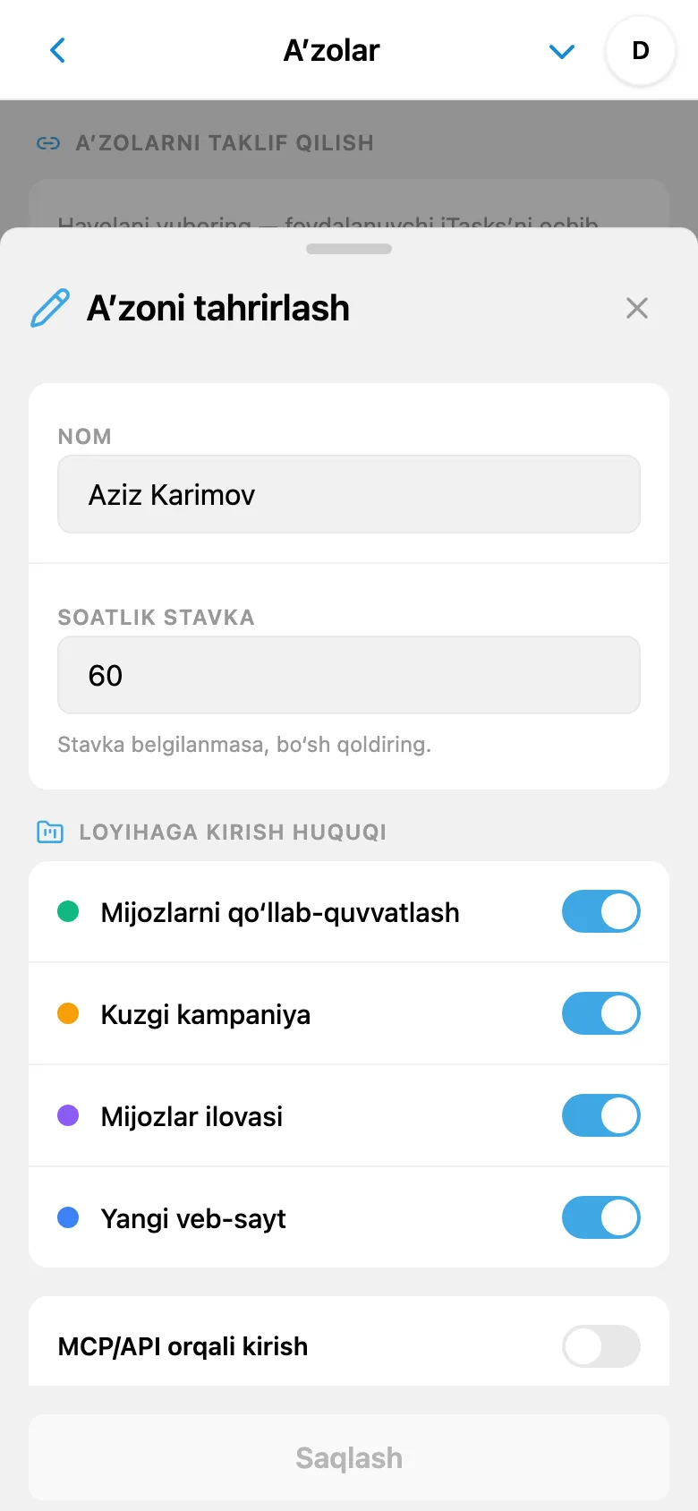 Jamoa a’zosining soatbay stavkasi