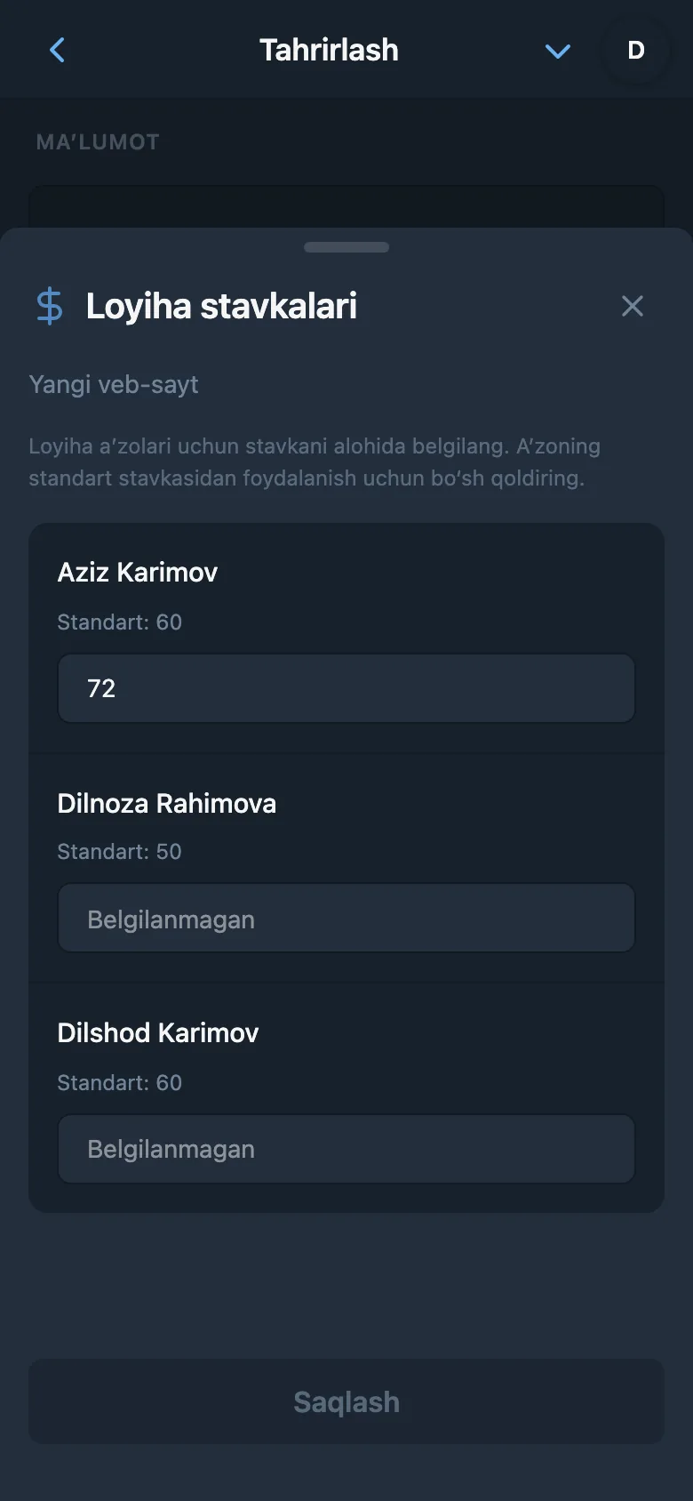 Tanlangan loyihadagi a’zolarning alohida stavkalari