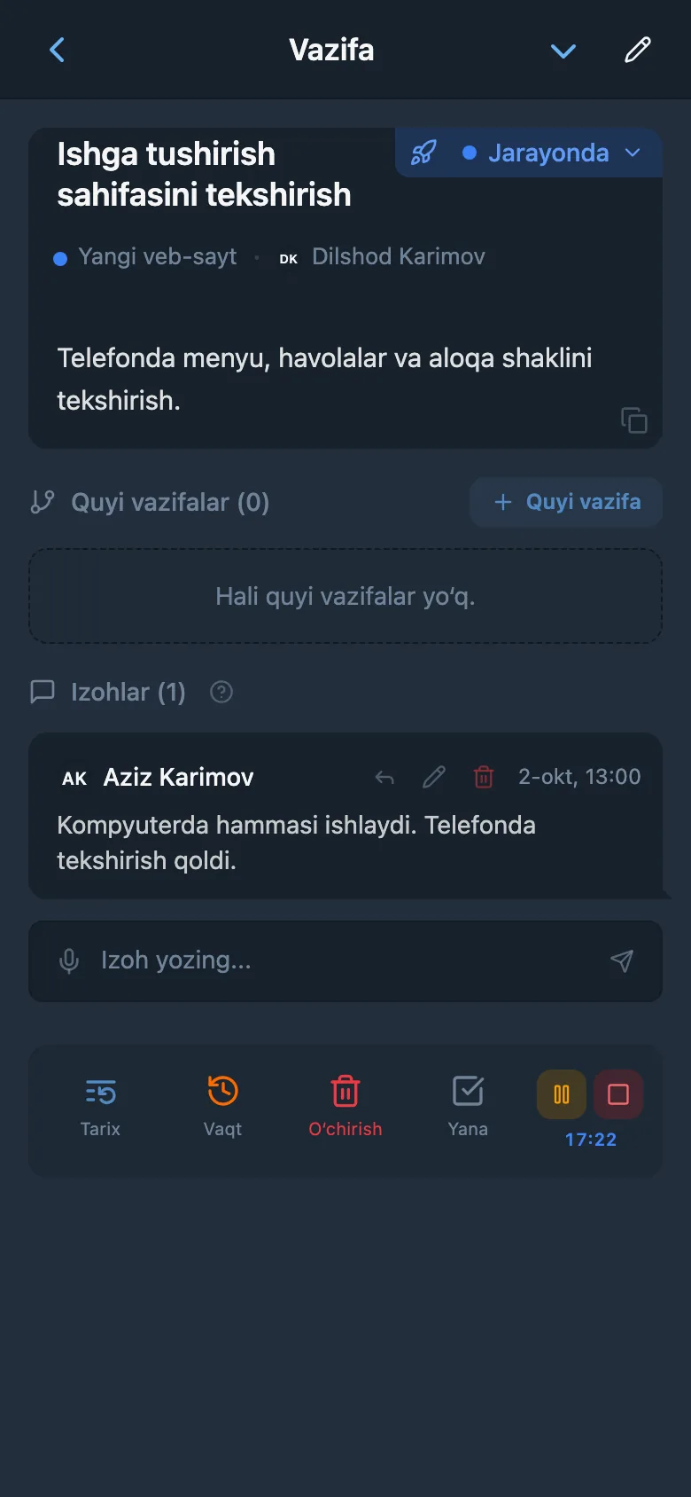 Vazifada ishlayotgan vaqt hisobi taymeri