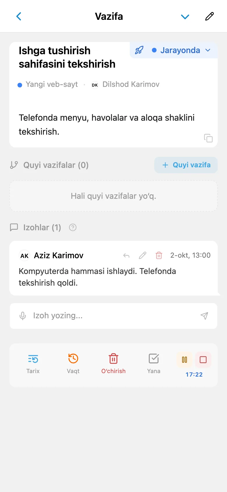 Vazifada ishlayotgan vaqt hisobi taymeri