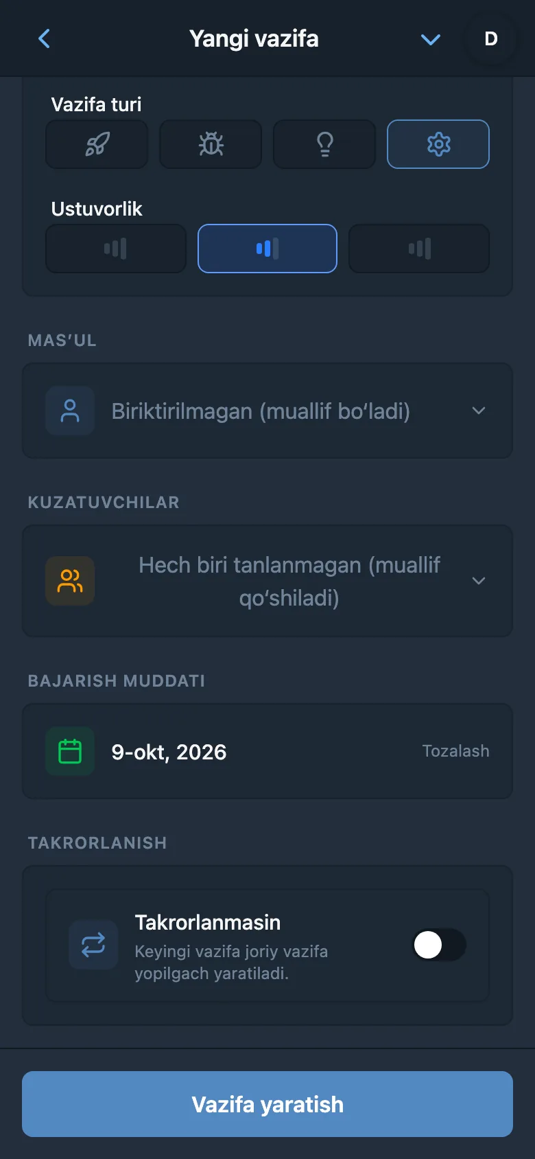 O‘sha vazifa shaklida tanilgan bajarish muddati