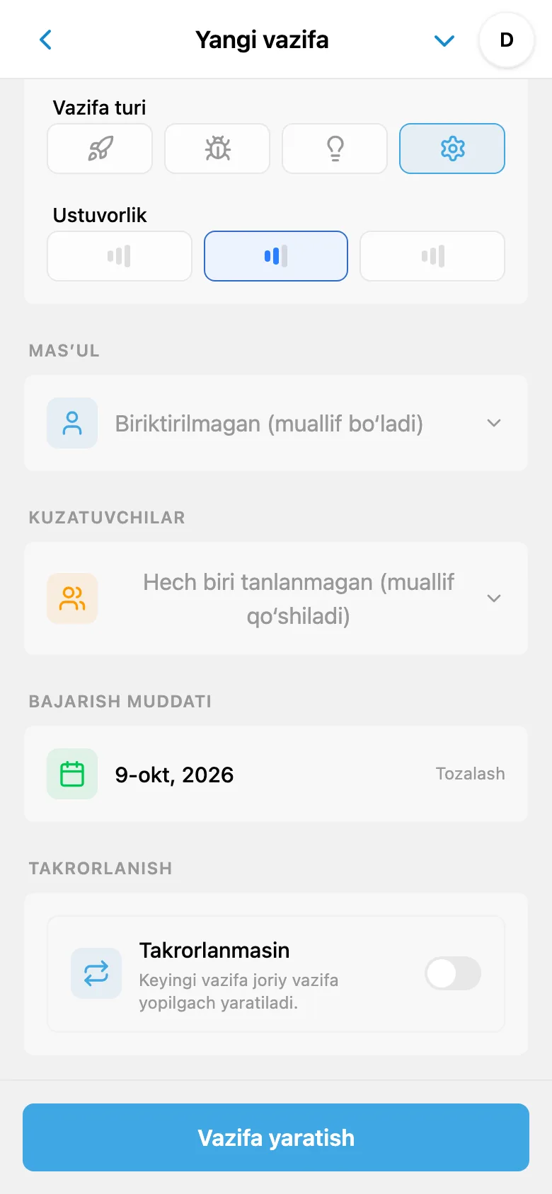 O‘sha vazifa shaklida tanilgan bajarish muddati
