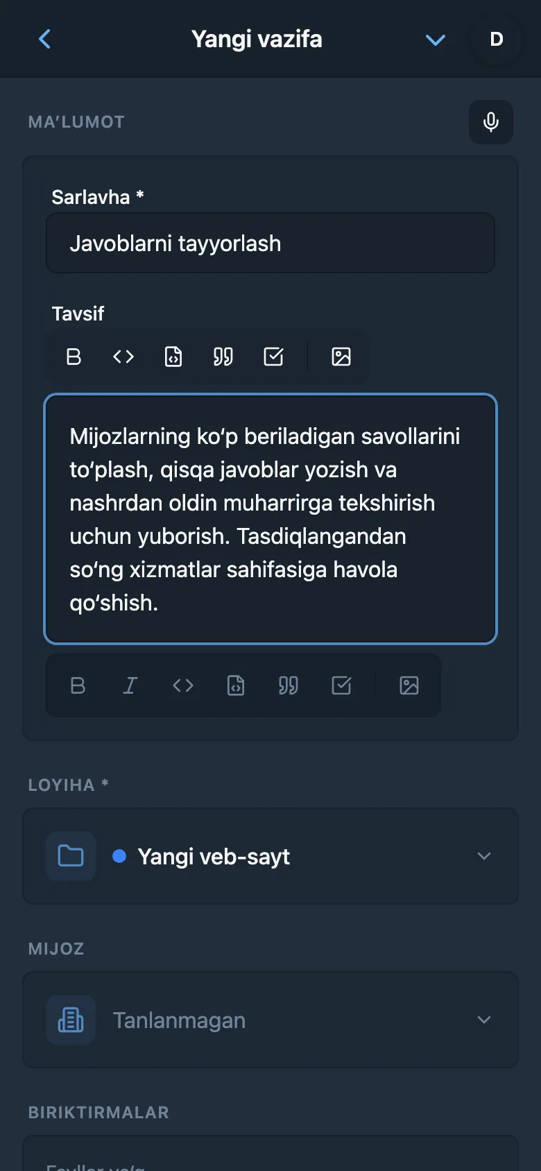 Ovozli kiritishdan keyin vazifa tavsifini tahrirlash