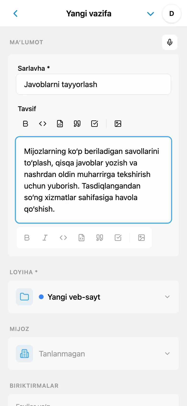 Ovozli kiritishdan keyin vazifa tavsifini tahrirlash