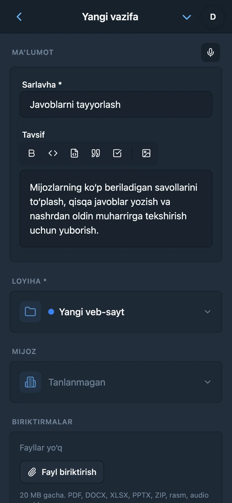 Diktovka asosida tayyorlangan vazifa nomi va tavsifi