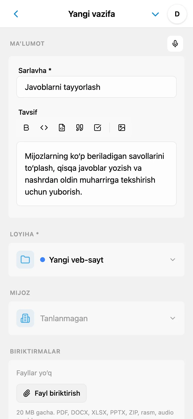 Diktovka asosida tayyorlangan vazifa nomi va tavsifi
