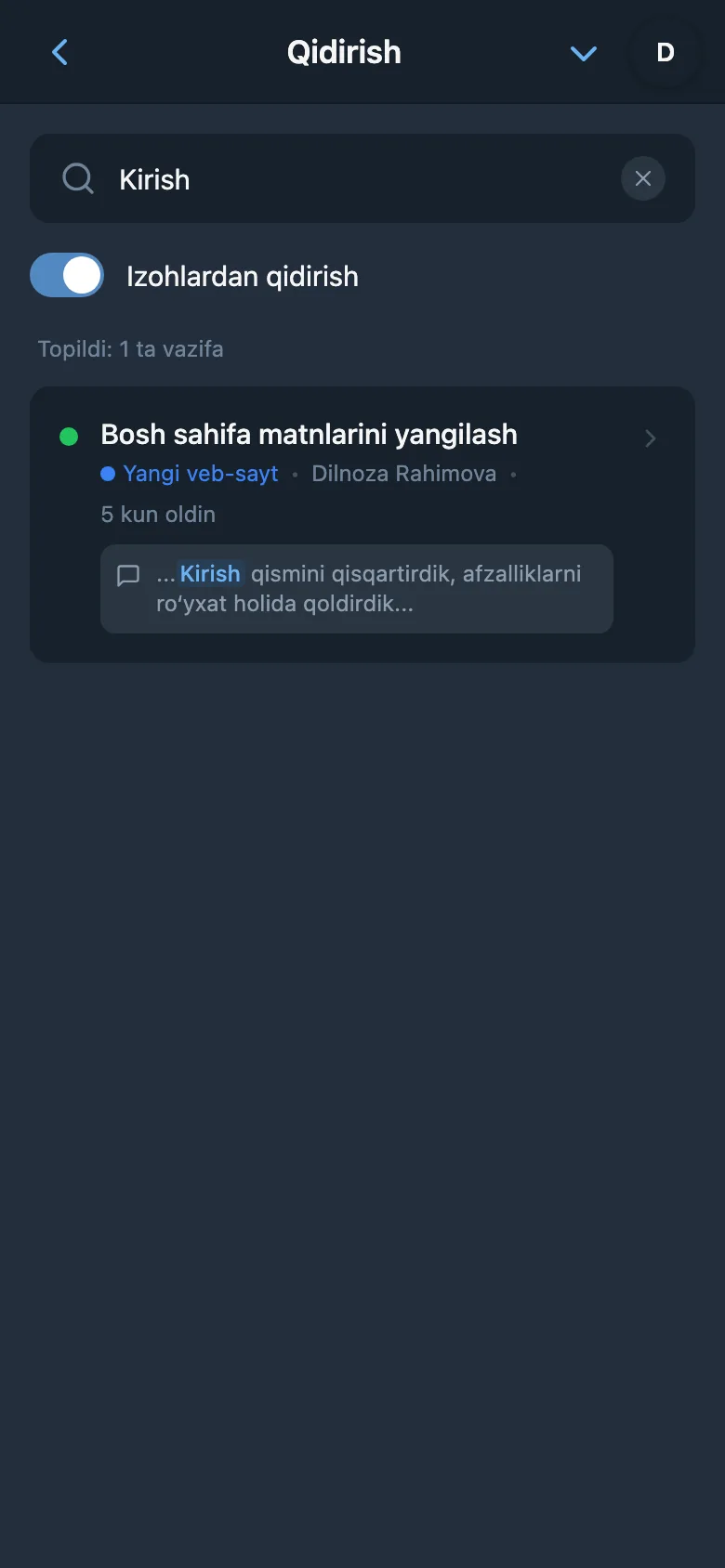 Vazifa izohlaridan qidiruv natijalari