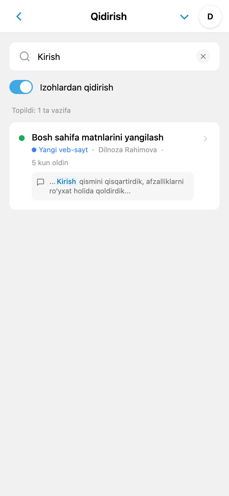 Vazifa izohlaridan qidiruv natijalari