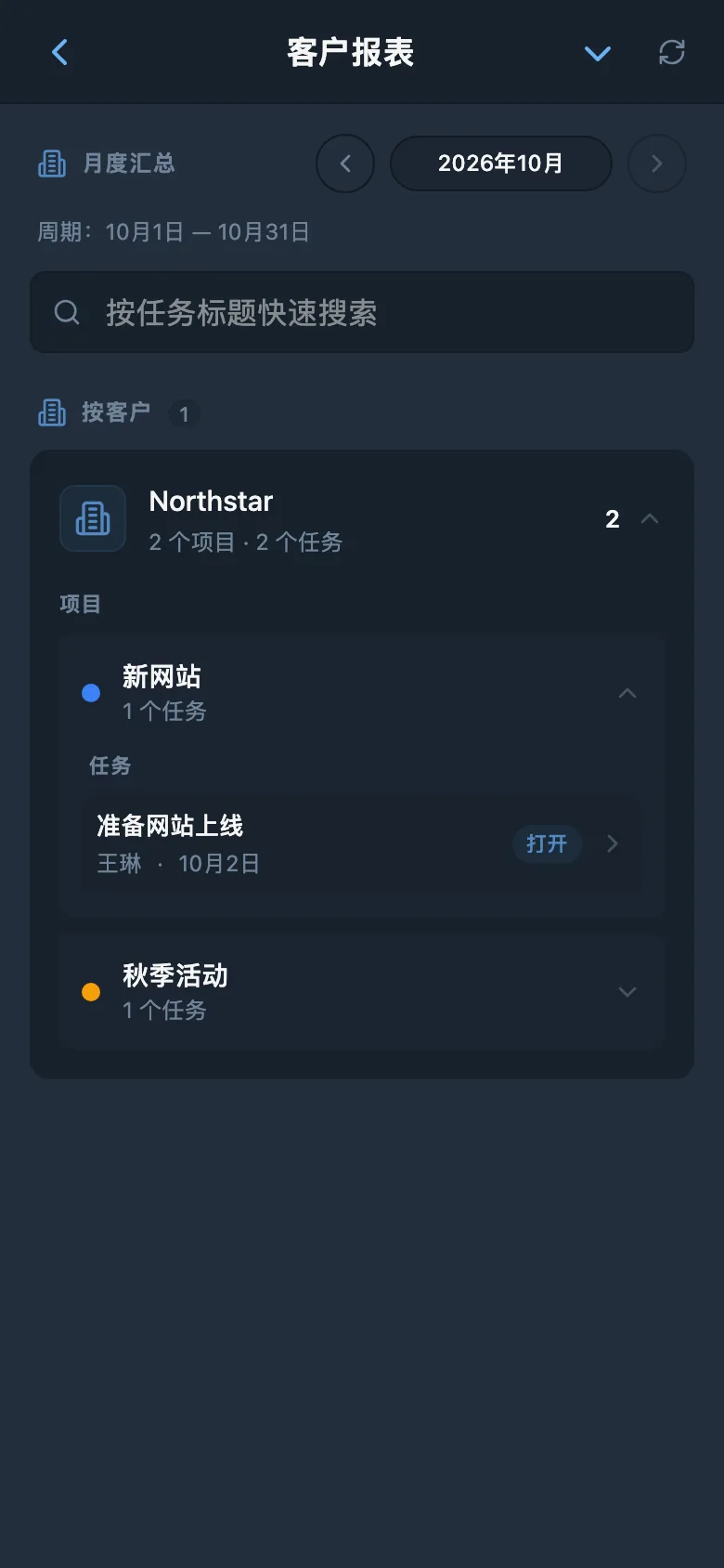 所选客户的已完成任务报告
