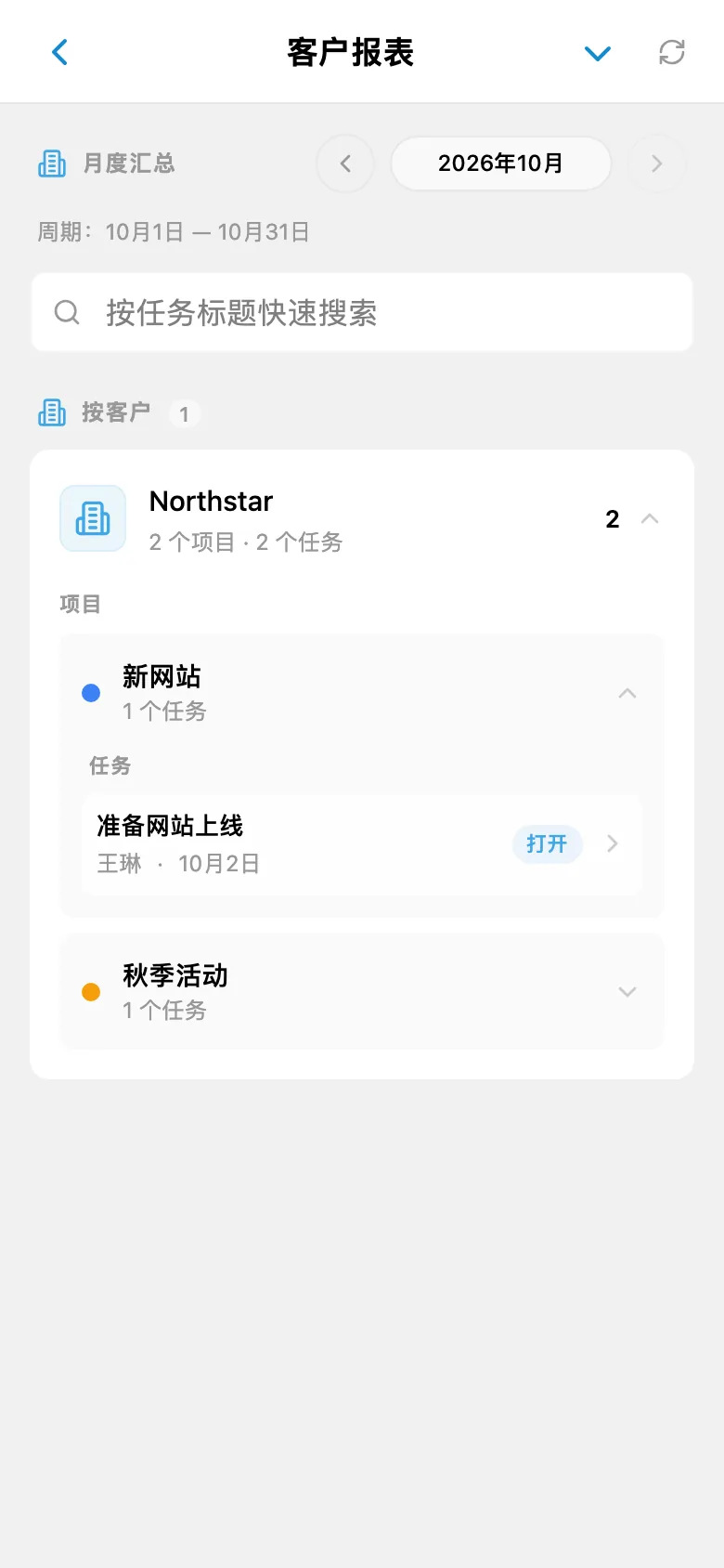 所选客户的已完成任务报告