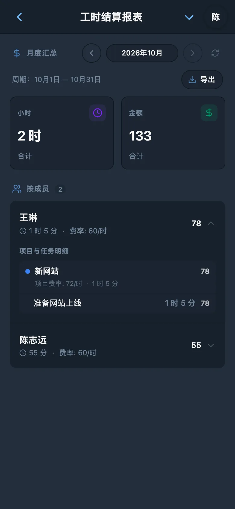 按成员、项目和任务逐层查看报表明细