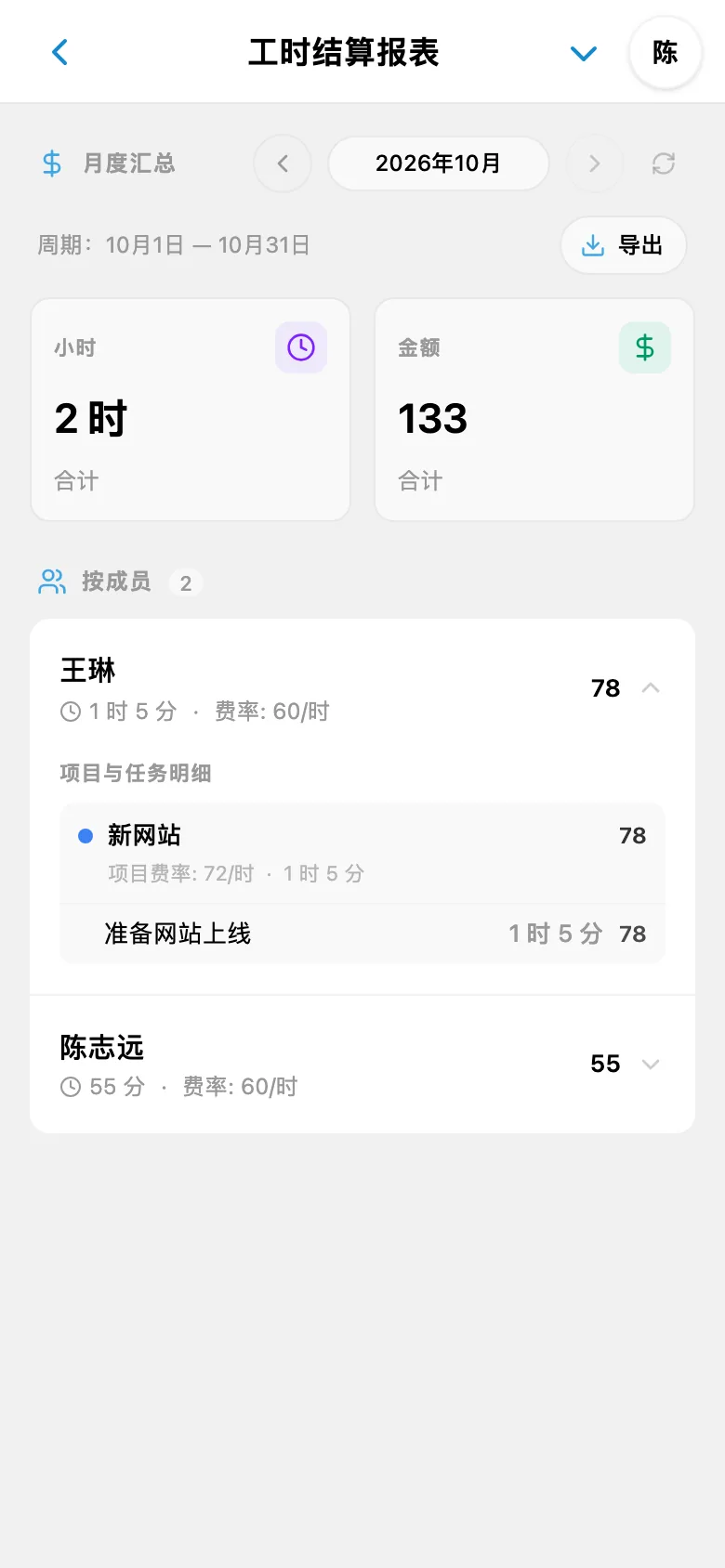 按成员、项目和任务逐层查看报表明细