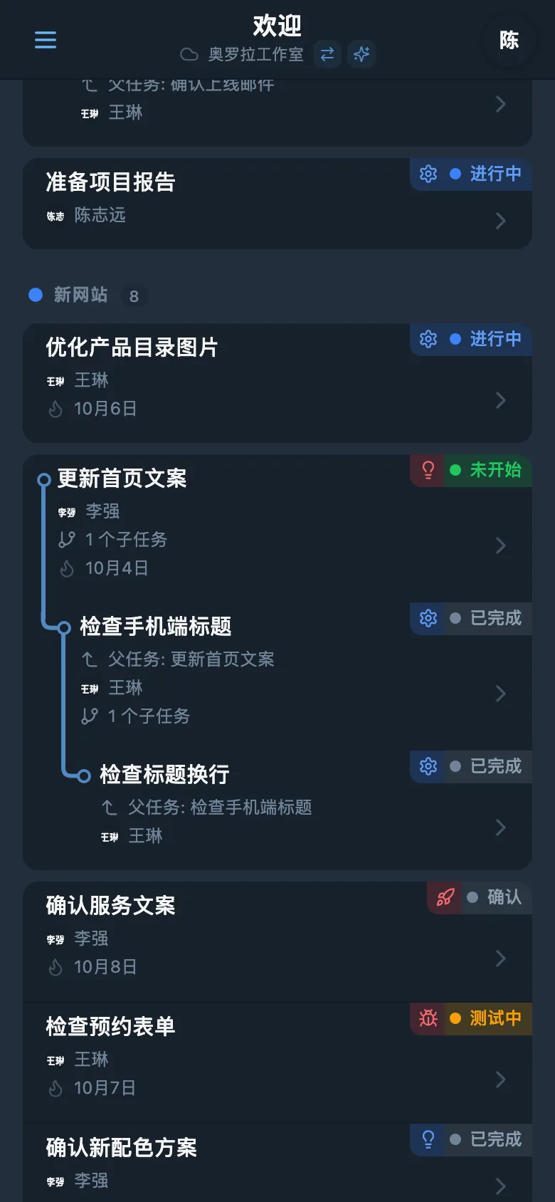 展开的项目任务树,包含多个层级的子任务