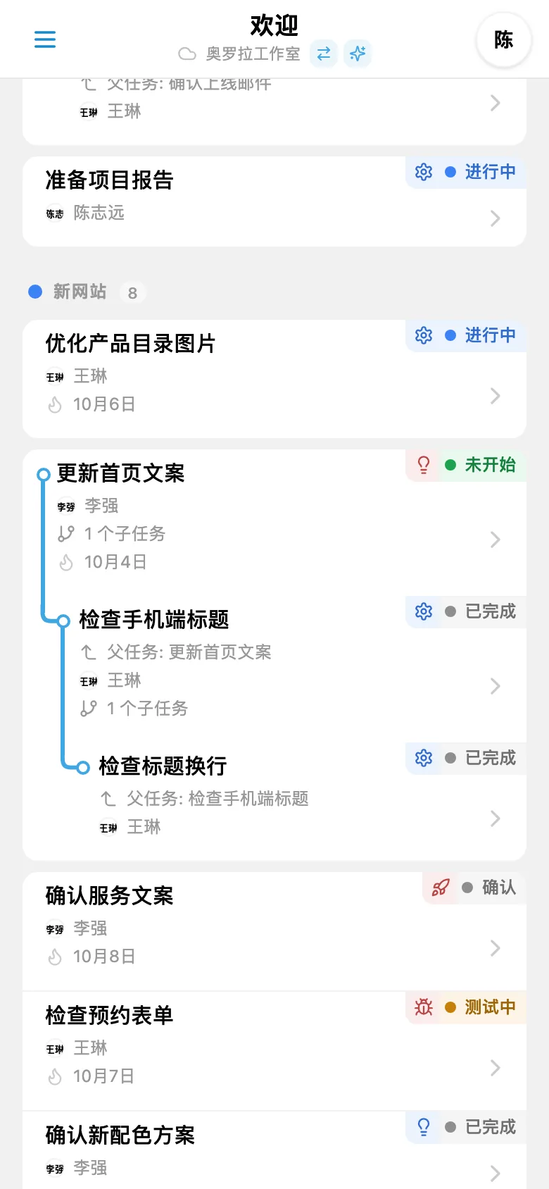 展开的项目任务树,包含多个层级的子任务